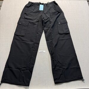 IFFEI Cargo Pants Woman L Black Wide Leg Elastic Waist Utility Trousers